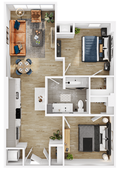 Floor plan for 2 beds, 1 bath, 807 sqft